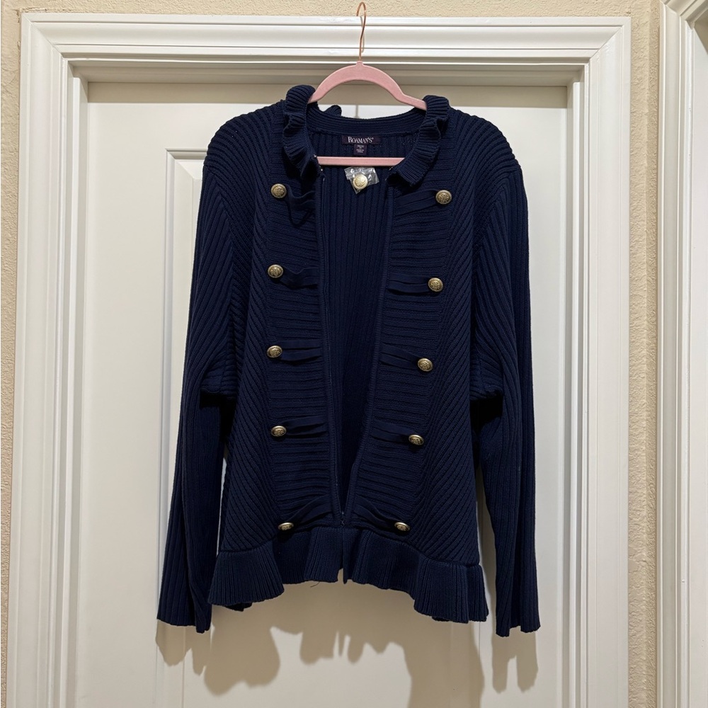 Roaman’s Military-Inspired Ribbed Cardigan Sweater Navy Blue